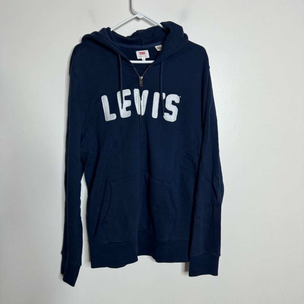 Levi's Full Zip Hoodie Mens XL Navy Blue Solid Applique Logo Fleece Sweatshirt